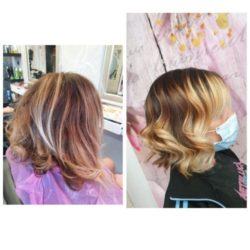 Corte de pelo degradado en tonos calidos y corte midi con ondas