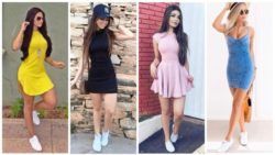 Look con minivestidos y zapatillas blancas