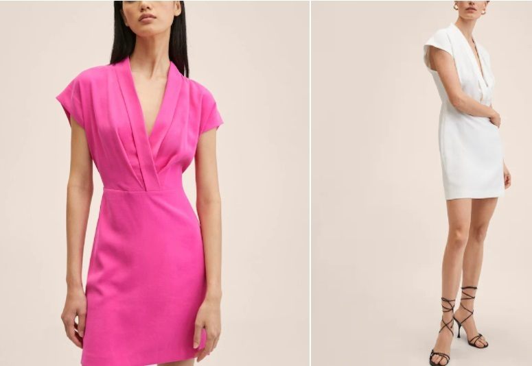 Vestidos de escote cruzado en rosa y blanco de Mango